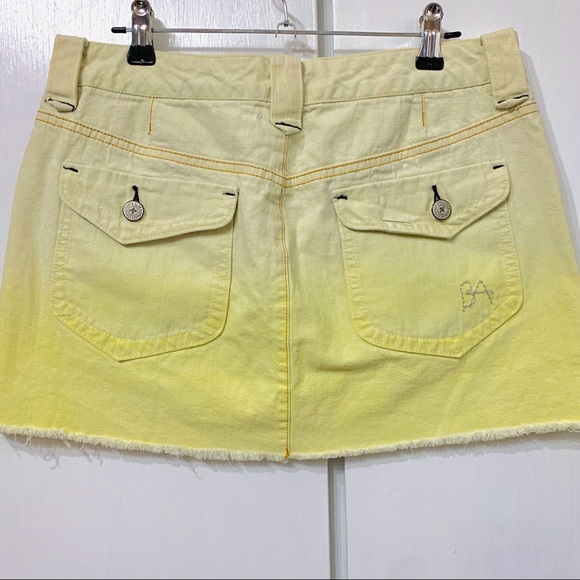 YELLOW TIE DYE DISTRESSED DENIM MINI SKIRT OMBRE SLANT POCKETS RAW HEM - Picture 4 of 11